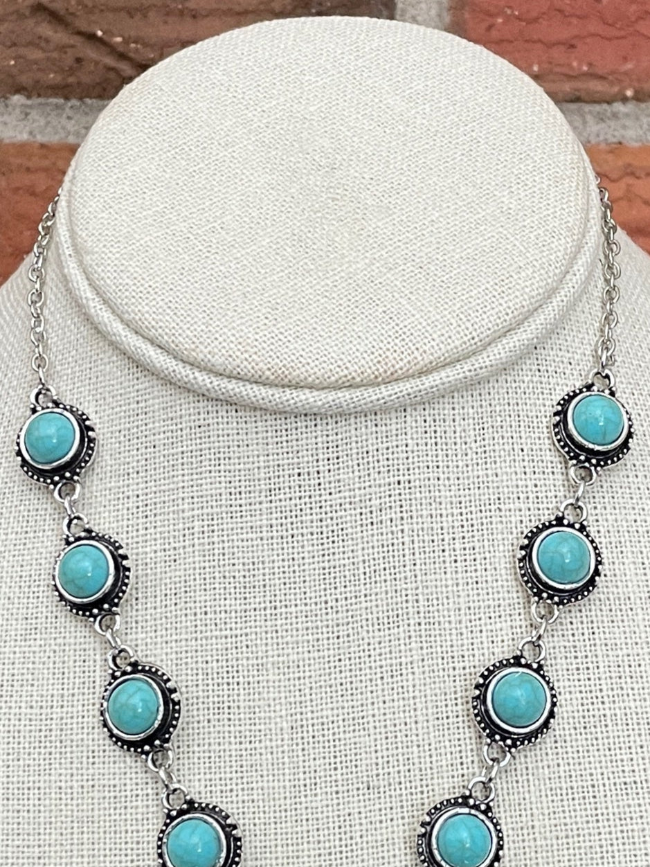 Round Faux Turquoise Concho Lariat Necklace