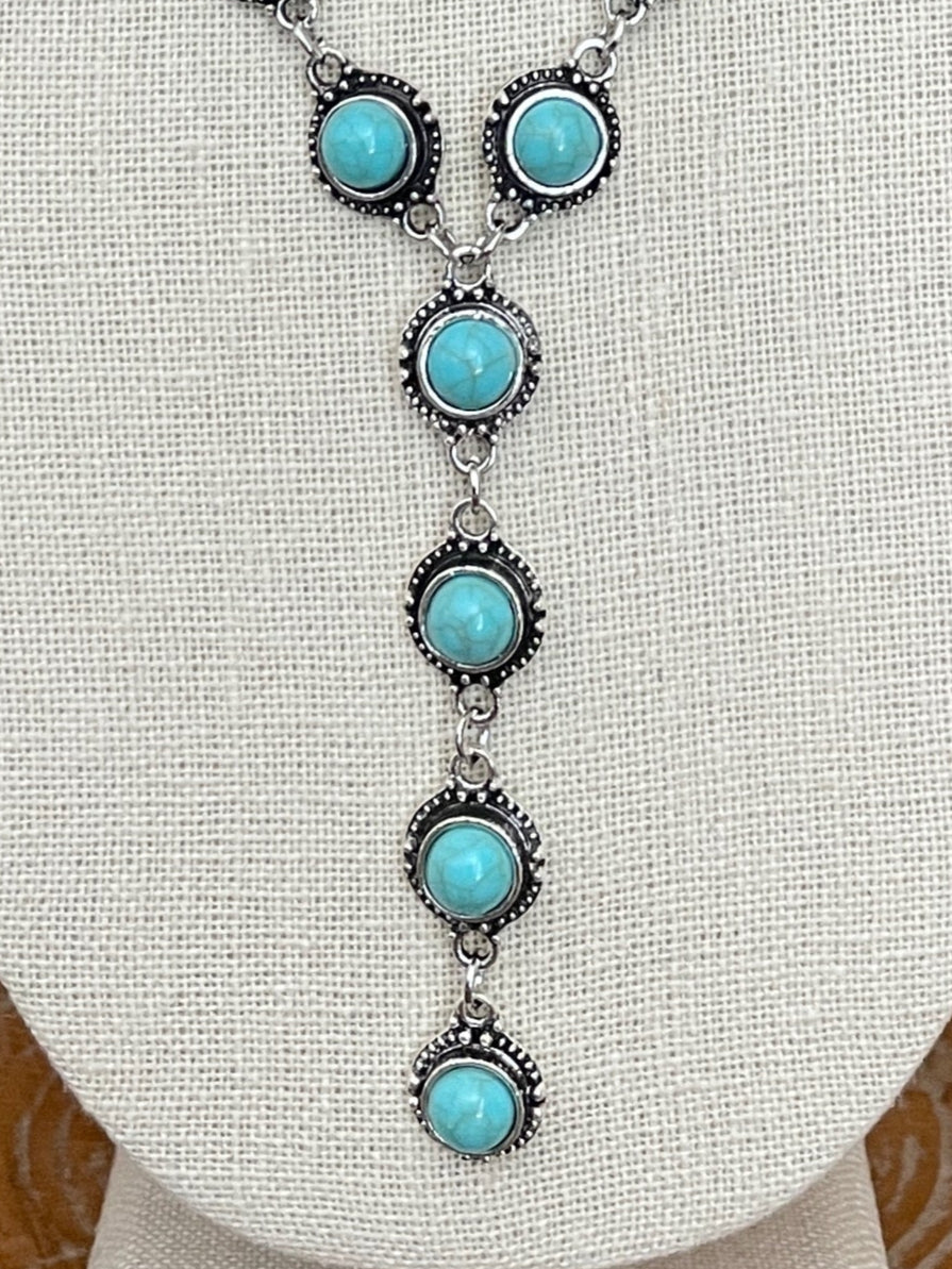 Round Faux Turquoise Concho Lariat Necklace