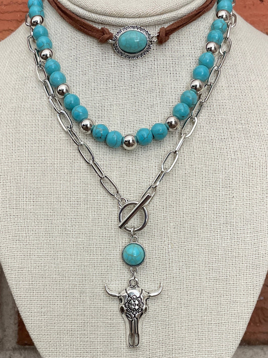 Floral Steer Skull and Faux Turquoise Choker Necklace Set