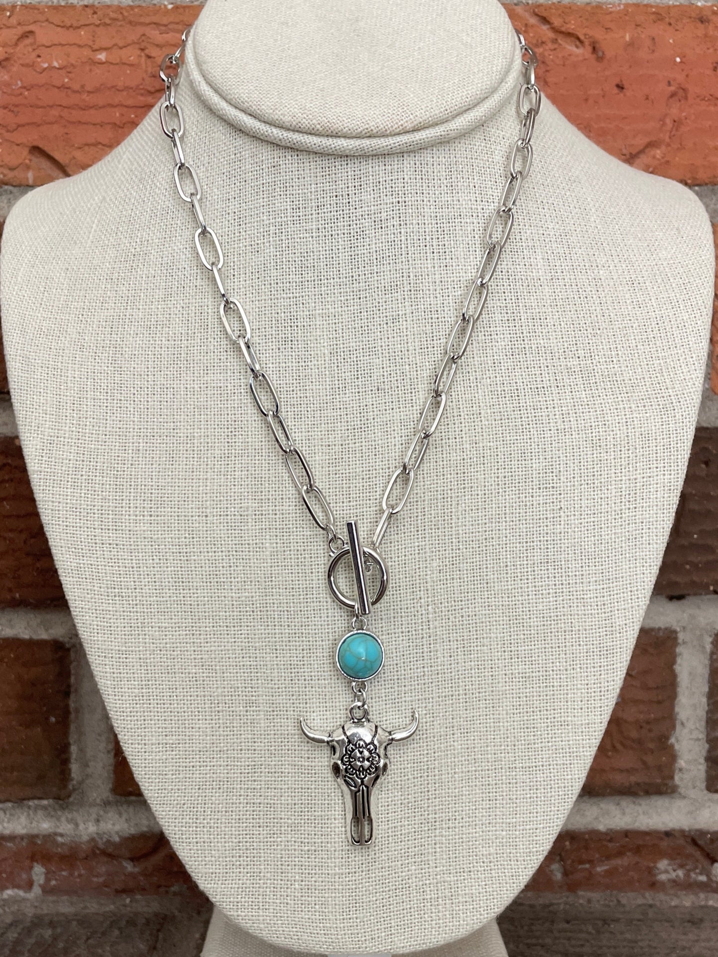 Floral Steer Skull and Faux Turquoise Choker Necklace Set