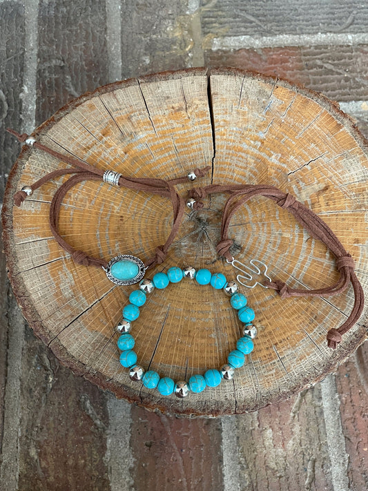 Faux Turquoise and Saguaro Cactus Faux Leather Bracelet Set