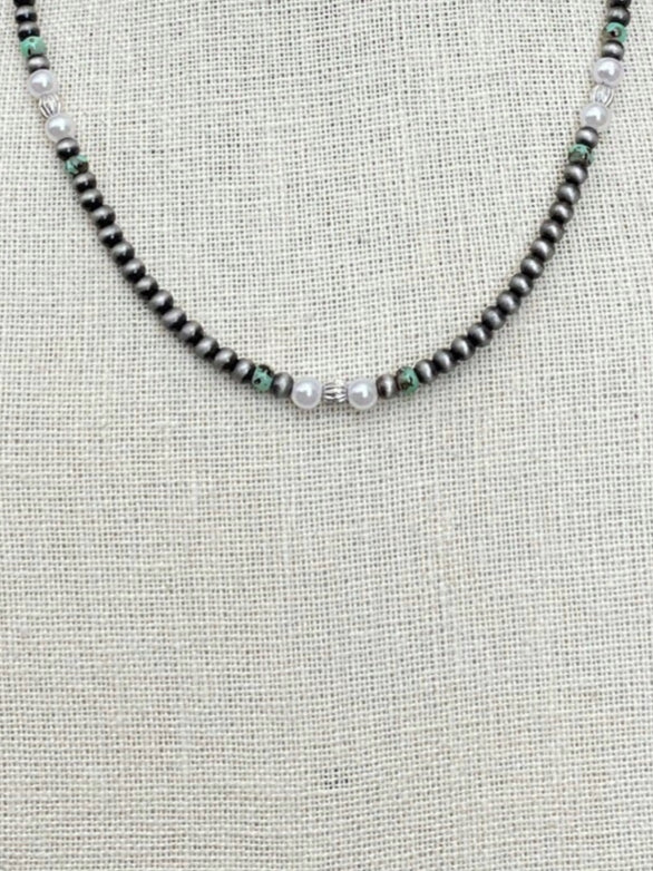 Navajo Style Pearl Necklace with Green, Brown & White