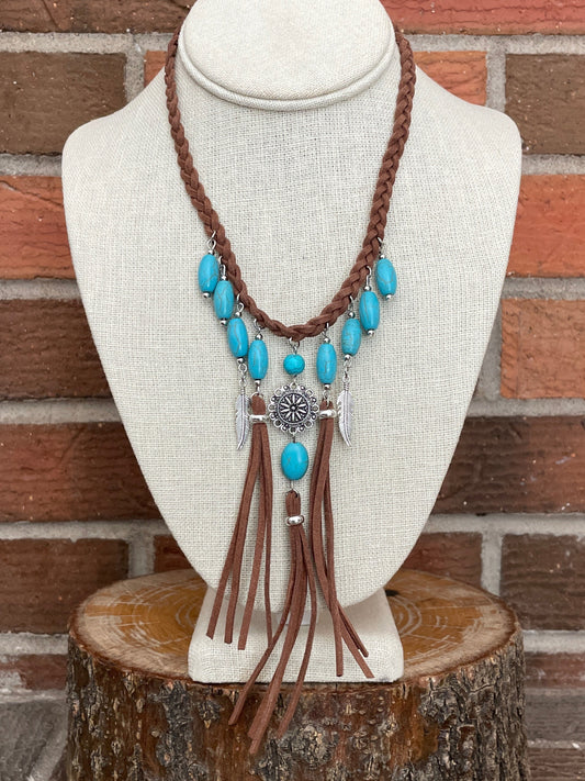 Braided Faux Leather Fringe Statement Necklace with Turquoise