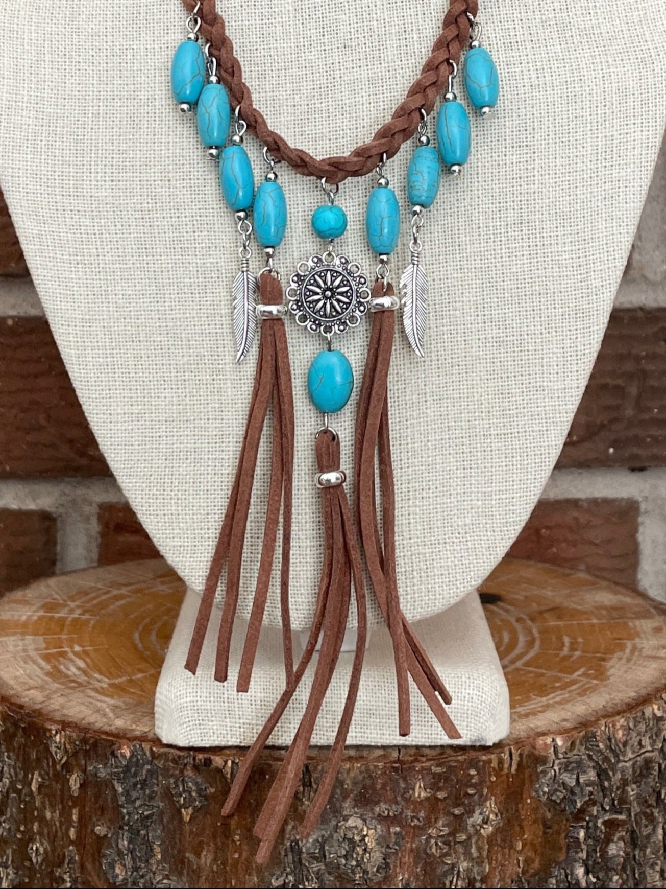 Braided Faux Leather Fringe Statement Necklace with Turquoise