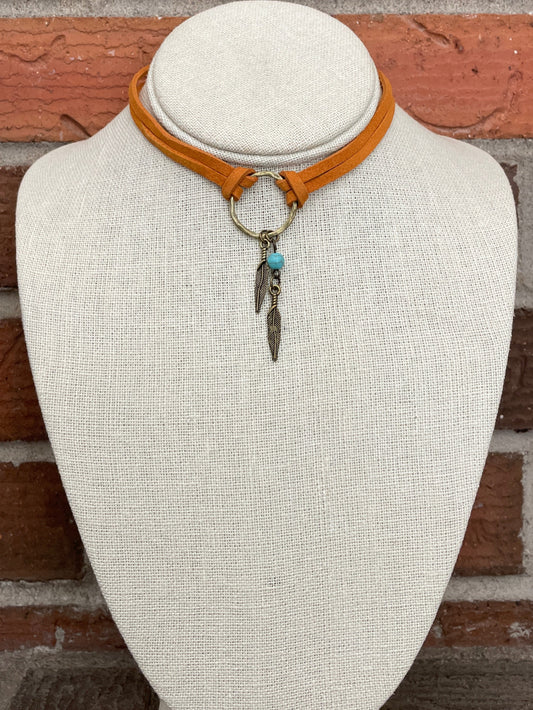 Buckskin Faux Leather Choker Necklace with Feathers & Turquoise