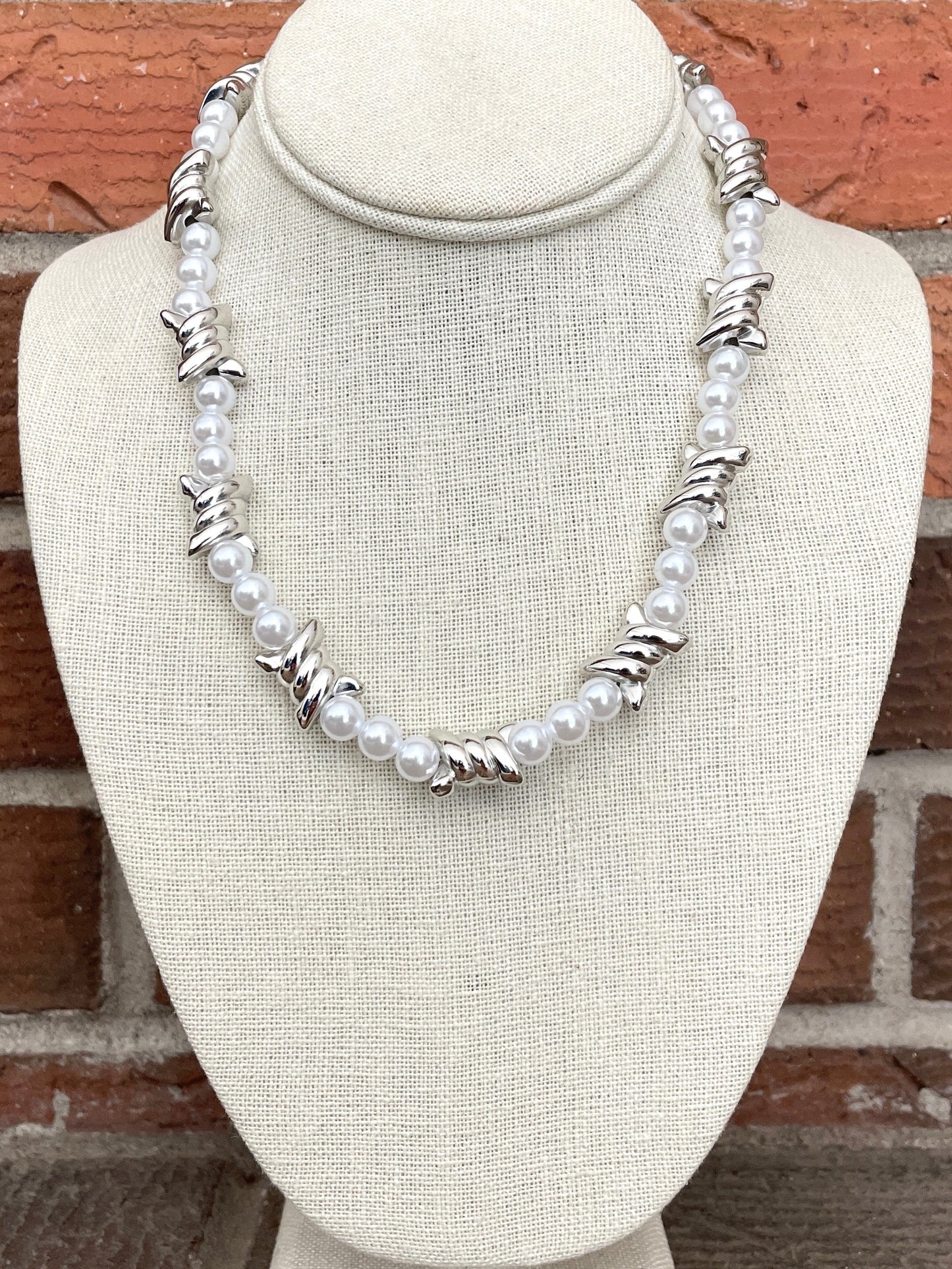 Faux Pearl Necklace with Barbed Wire Beads