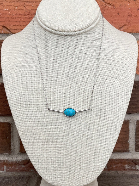 Stainless Steel Bar Necklace with Turquoise - Silver
