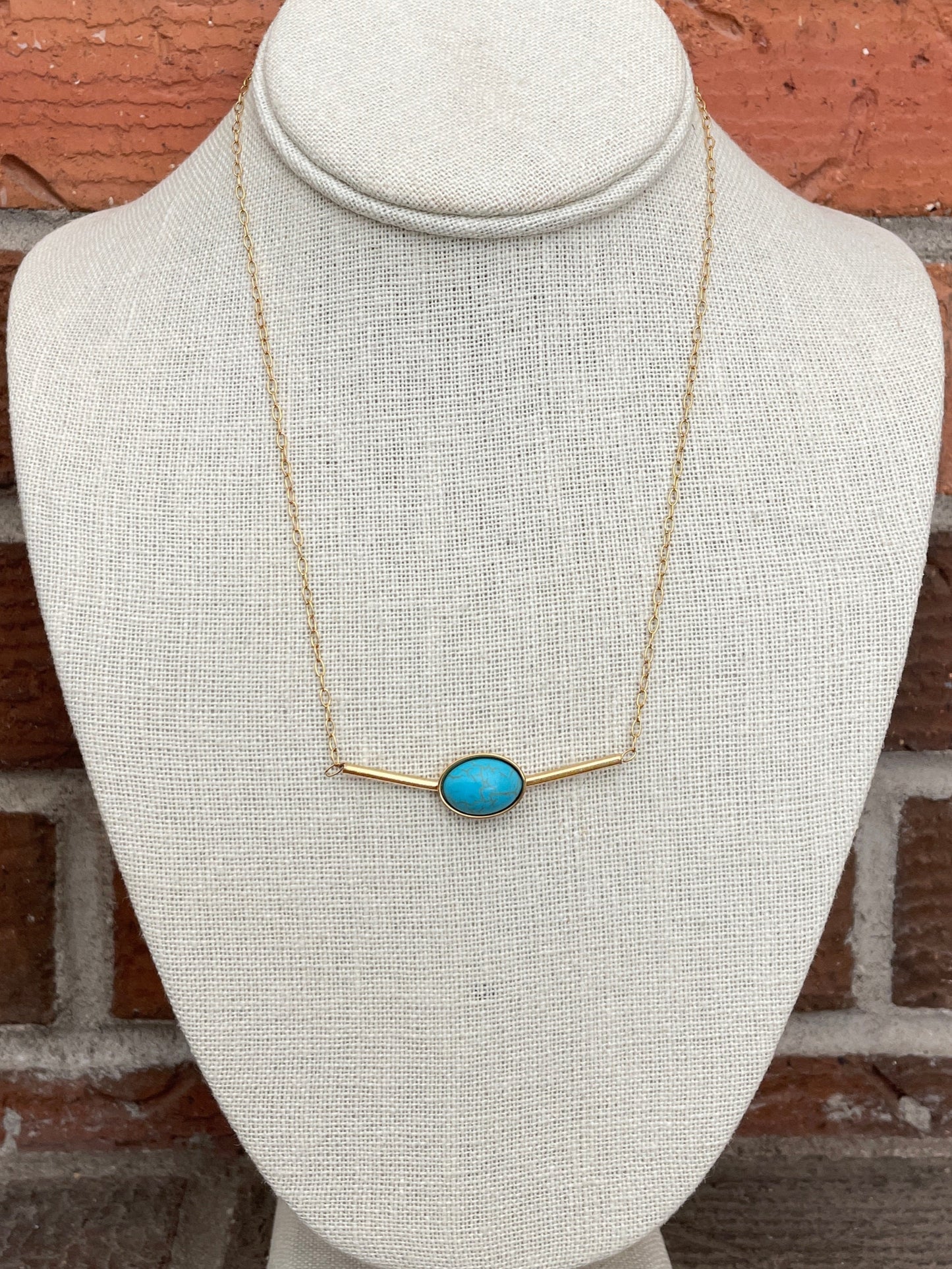 Stainless Steel Bar Necklace with Turquoise - Gold