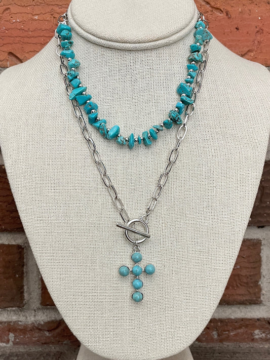 Faux Turquoise Cluster Cross Necklace Set