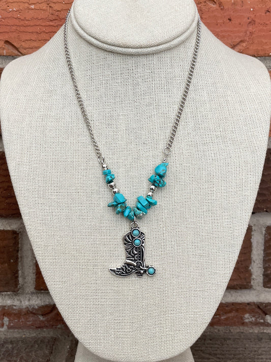 Cowgirl Boot Necklace with Faux Turquoise Chips
