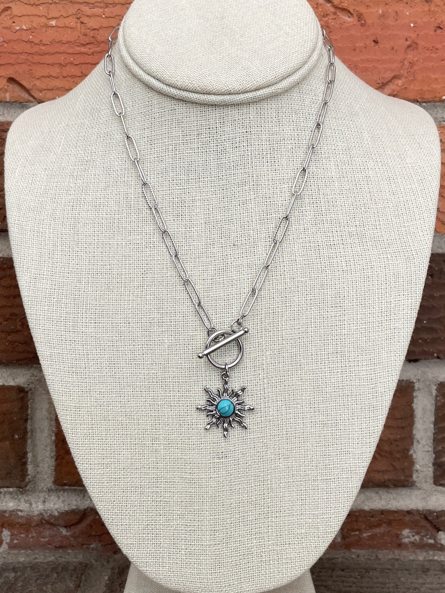 Stainless Steel Sunburst Necklace with Faux Turquoise