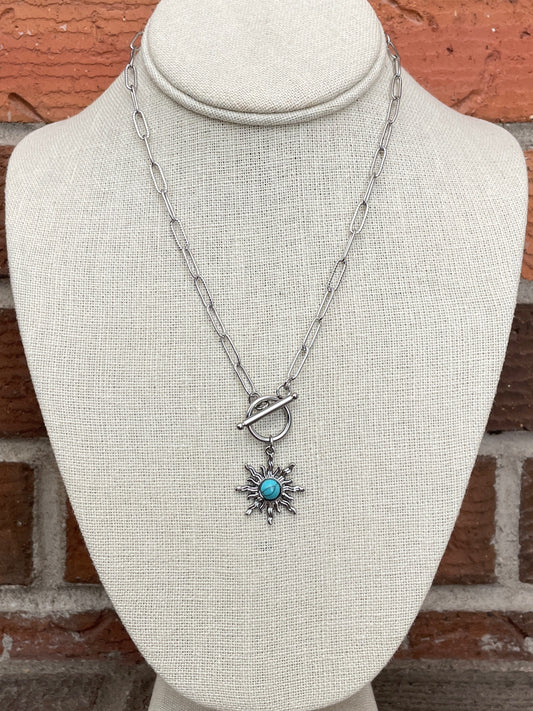 Stainless Steel Sunburst Necklace with Faux Turquoise