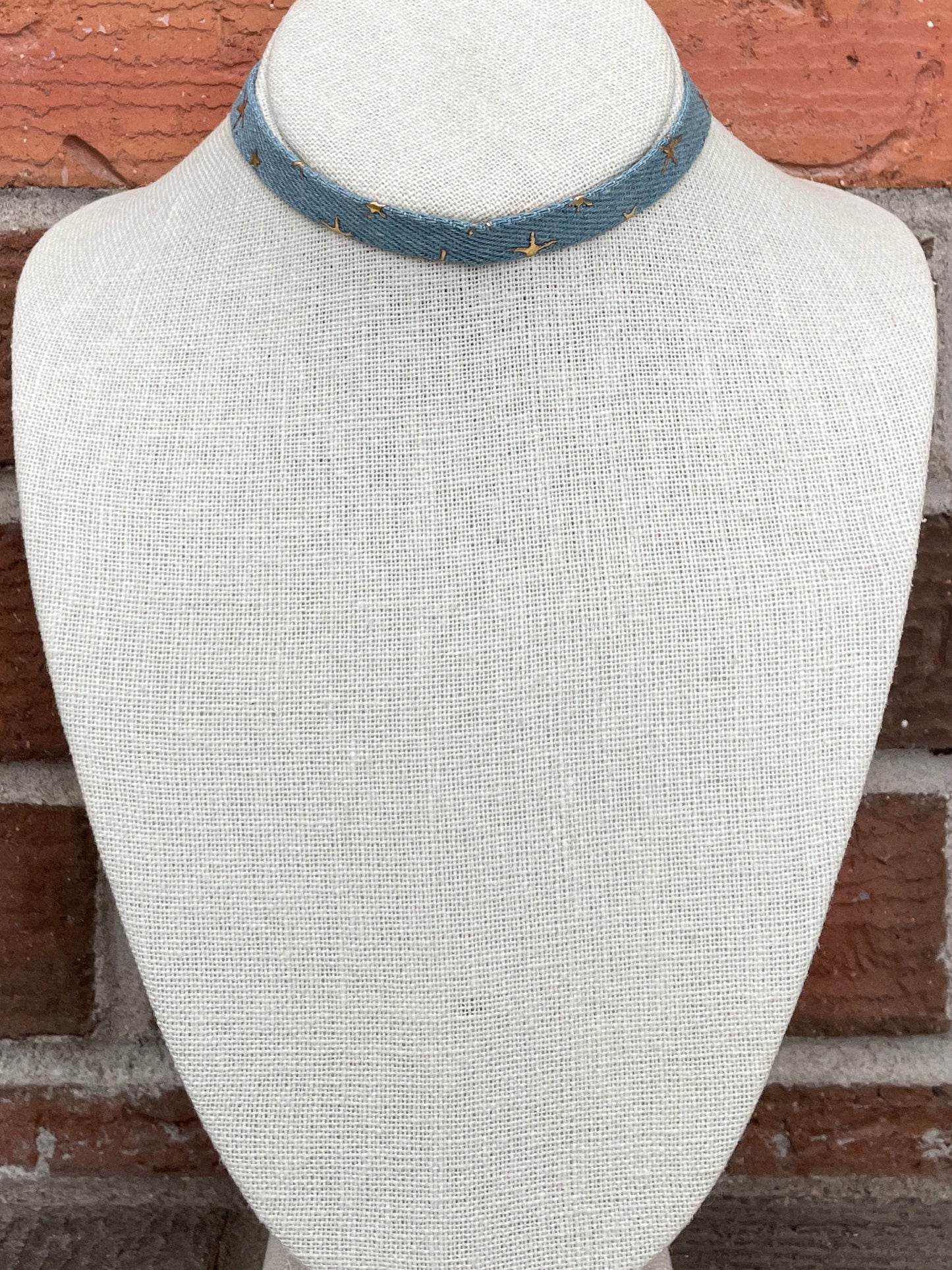 Light Wash Denim Choker Necklace with Stars
