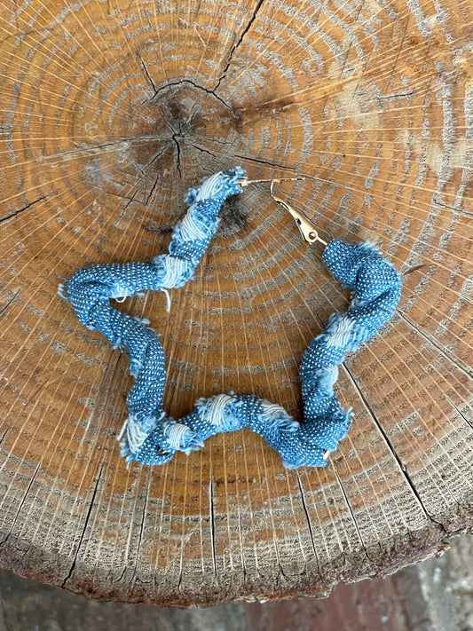 Distressed Denim Star Hoop Earrings