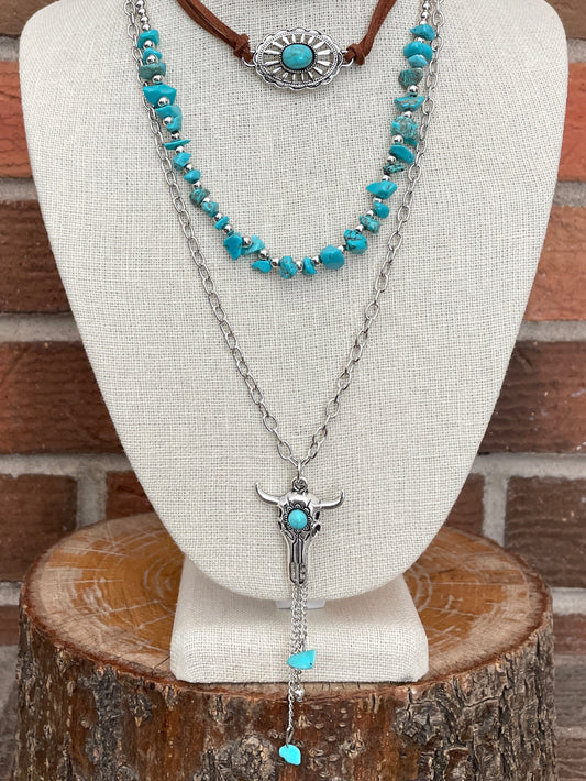 Fringe Steer Skull & Cutout Concho Necklace Set with Turquoise