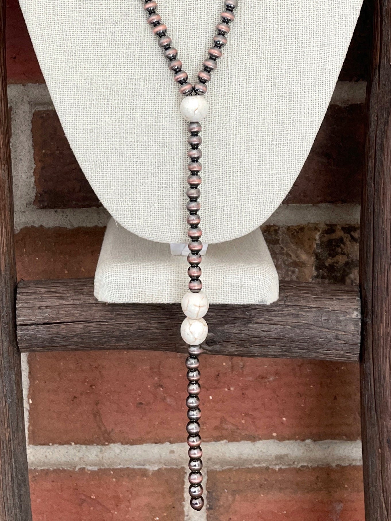 Copper Navajo Style Pearl Lariat Necklace with Faux White Buffalo Accents