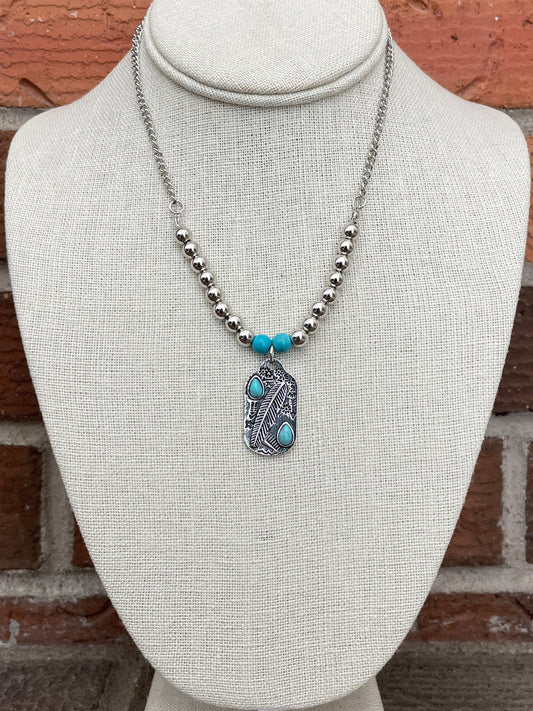 Beaded Feather Dog Tag Necklace with Turquoise