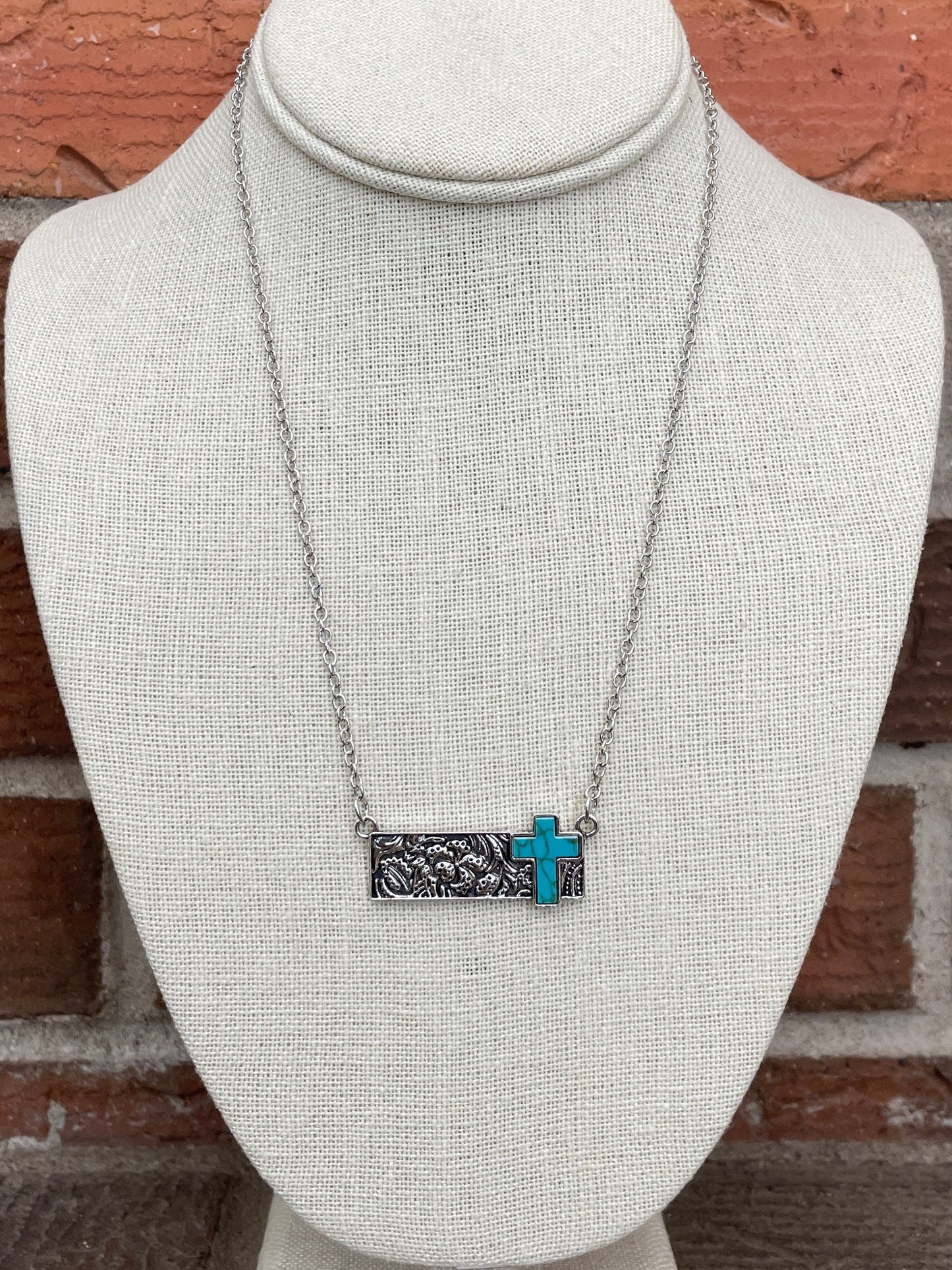 Bar Necklace with Faux Turquoise Cross