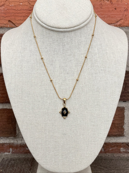Black Signet Necklace with Spaced Bead Chain