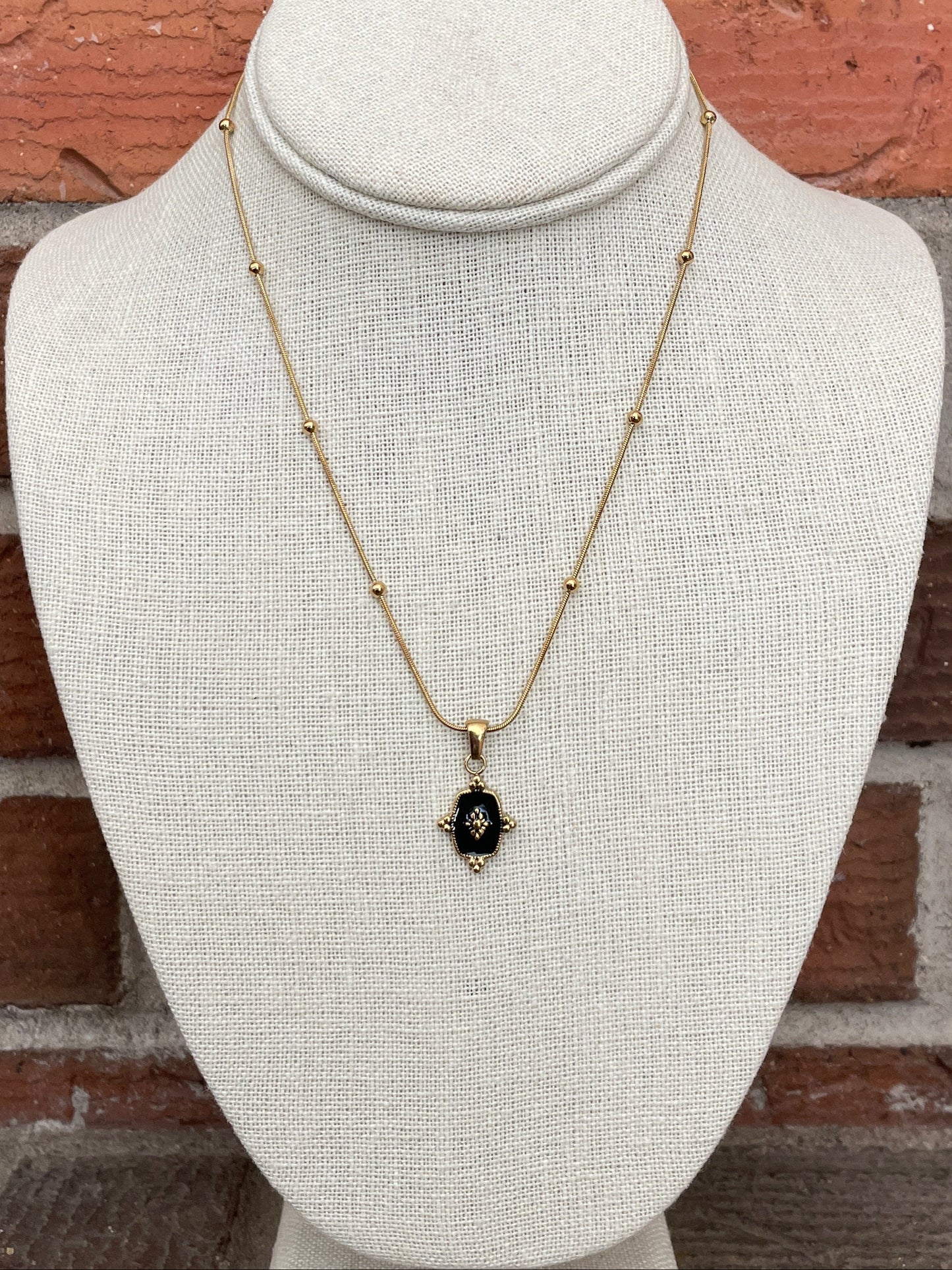 Black Signet Necklace with Spaced Bead Chain
