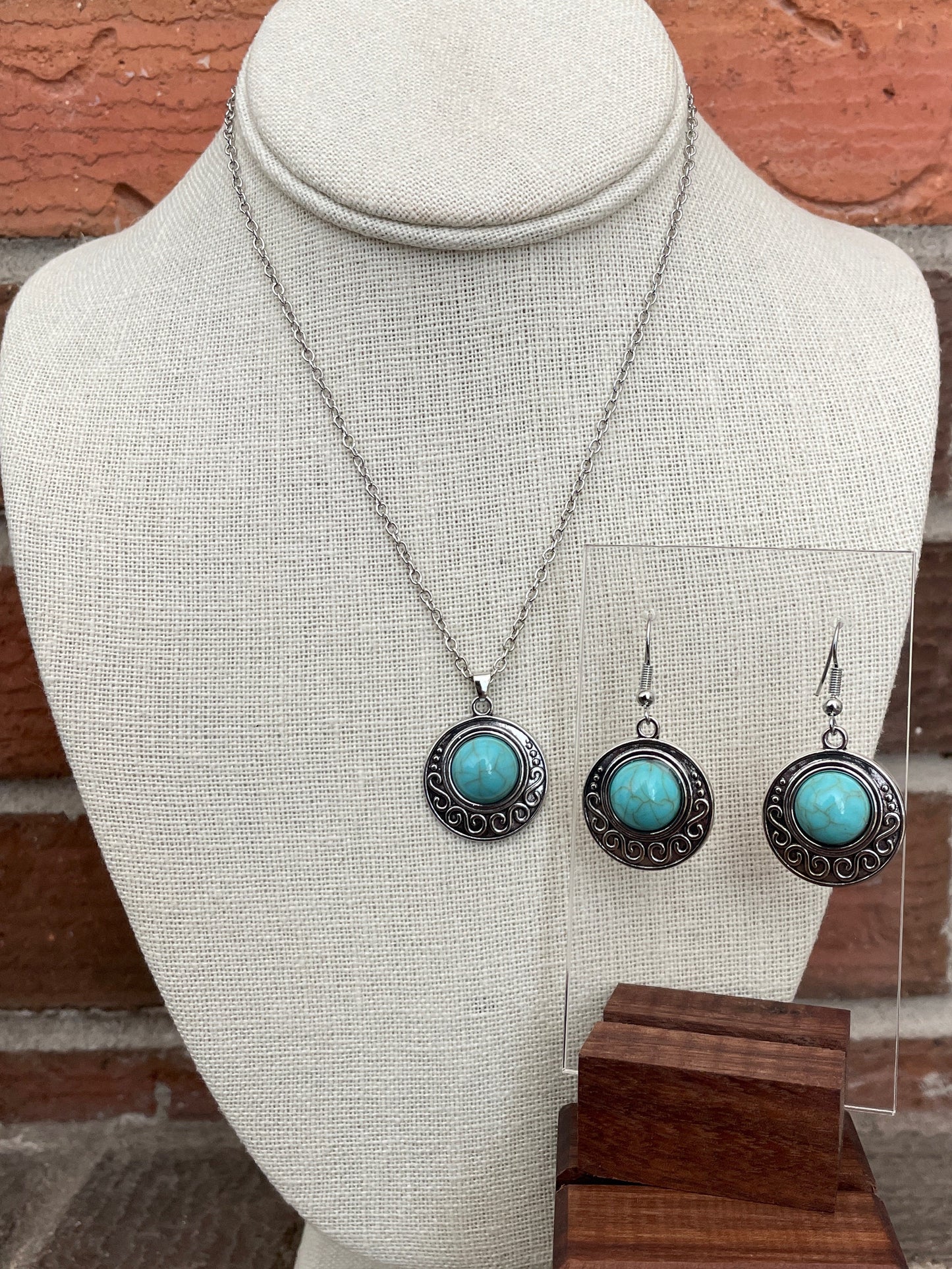 Filigree Necklace and Earring Set with Faux Turquoise