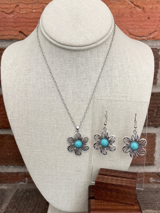 Flower Pinwheel Necklace and Earring Set with Faux Turquoise