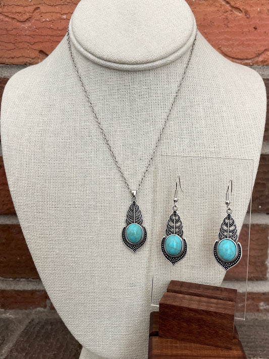 Faux Turquoise Leaf Necklace and Earring Set
