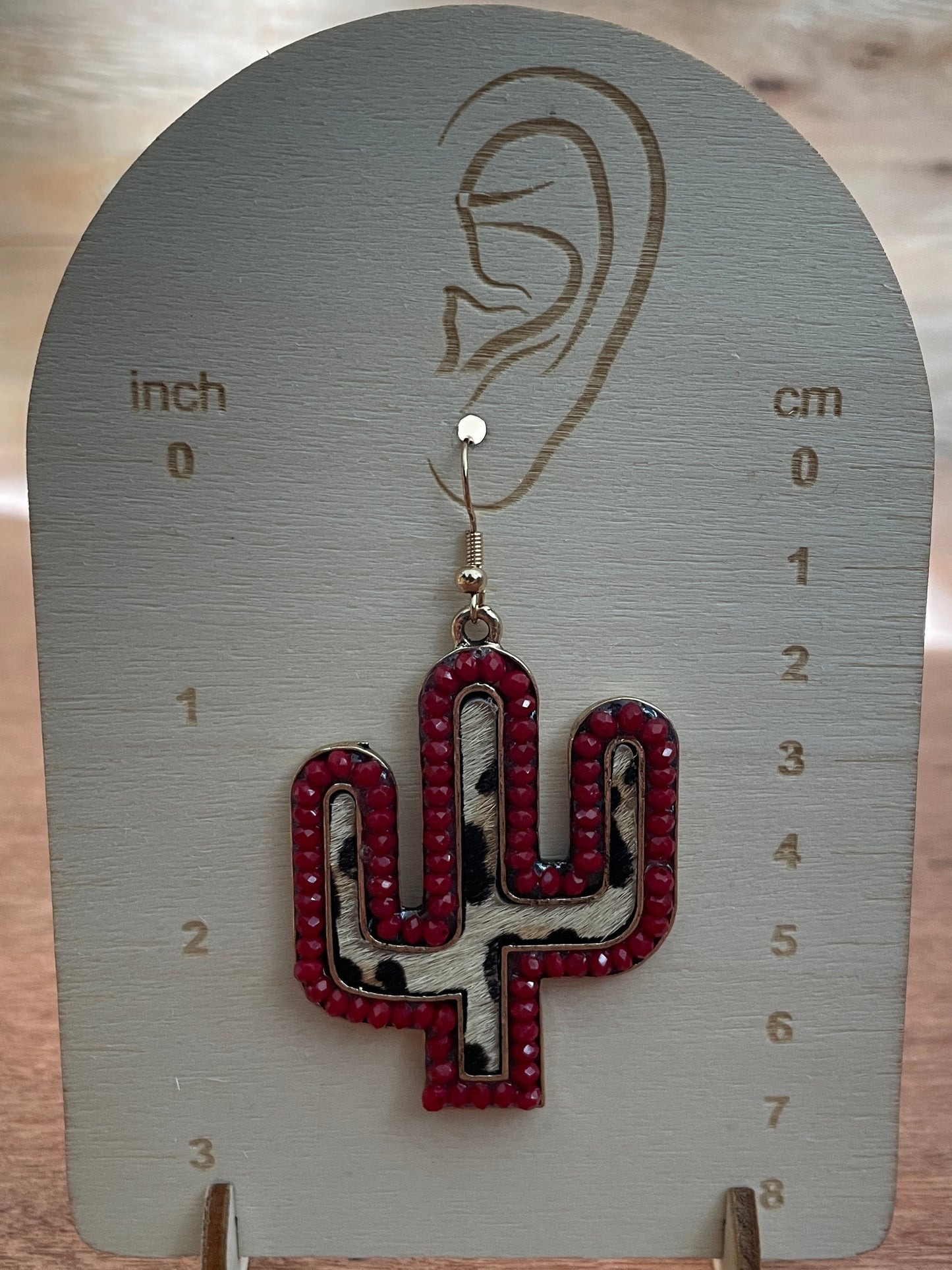 Red Saguaro Cactus Earrings with Leopard Print