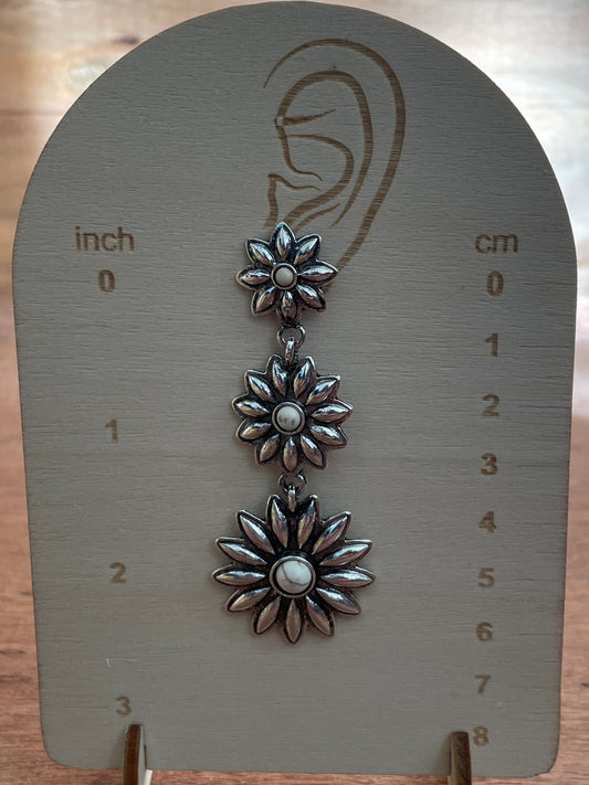 Silver Flower Dangle Earrings - White