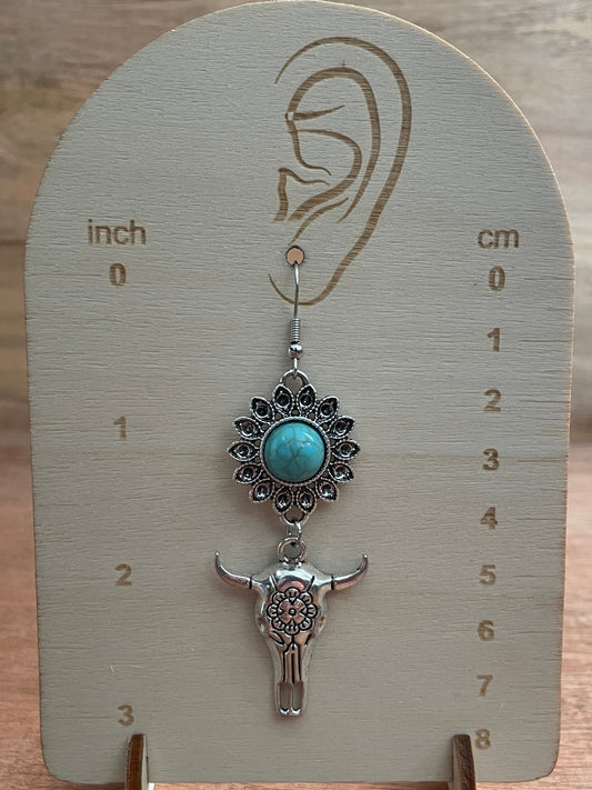 Flower and Steer Skull Earrings with Faux Turquoise