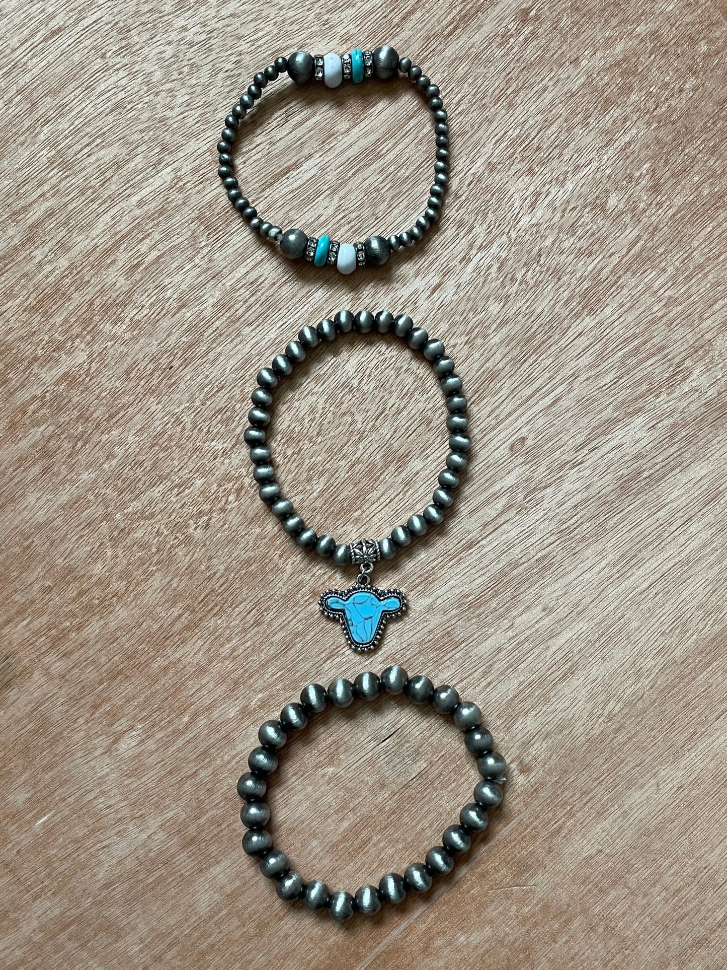 Navajo Style Pearl Bracelet Set with Faux Turquoise Cow