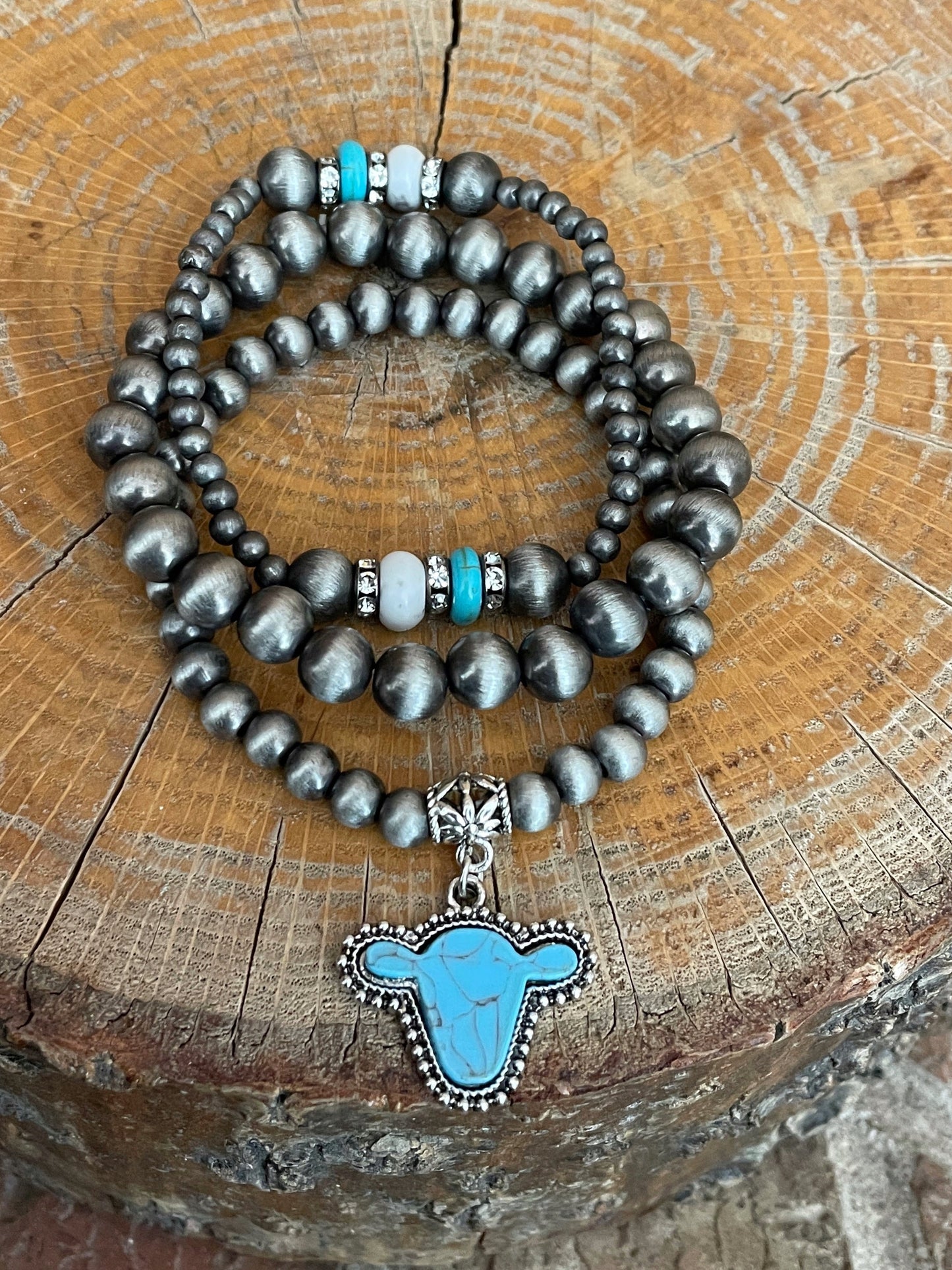 Navajo Style Pearl Bracelet Set with Faux Turquoise Cow