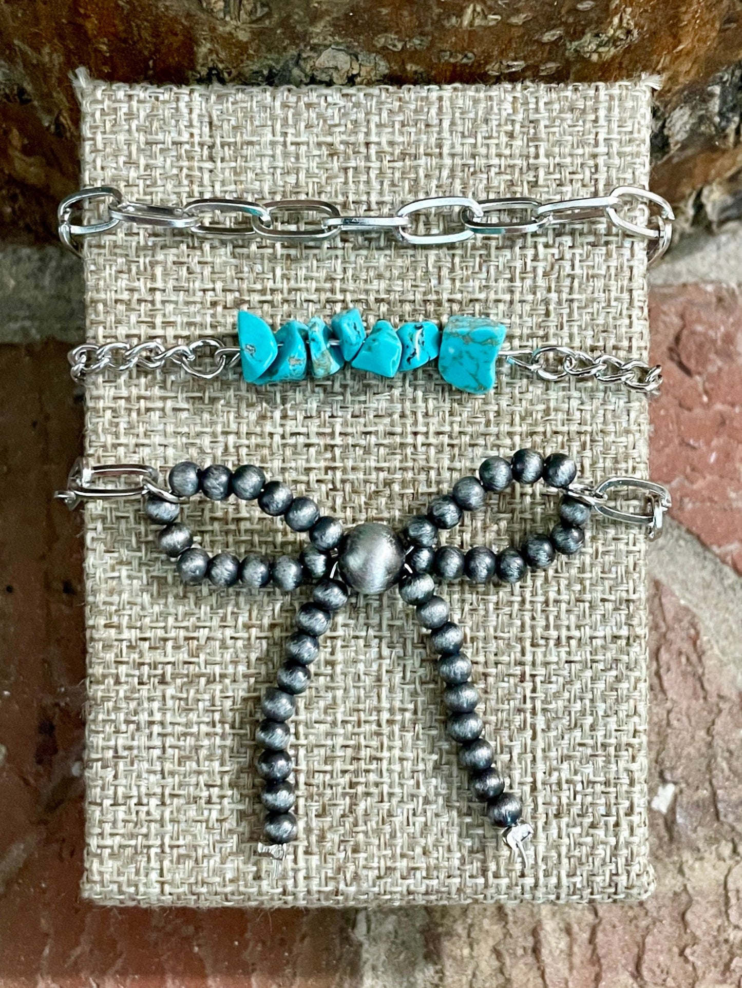 Navajo Style Pearl Bow and Paperclip Chain Bracelet Set with Turquoise