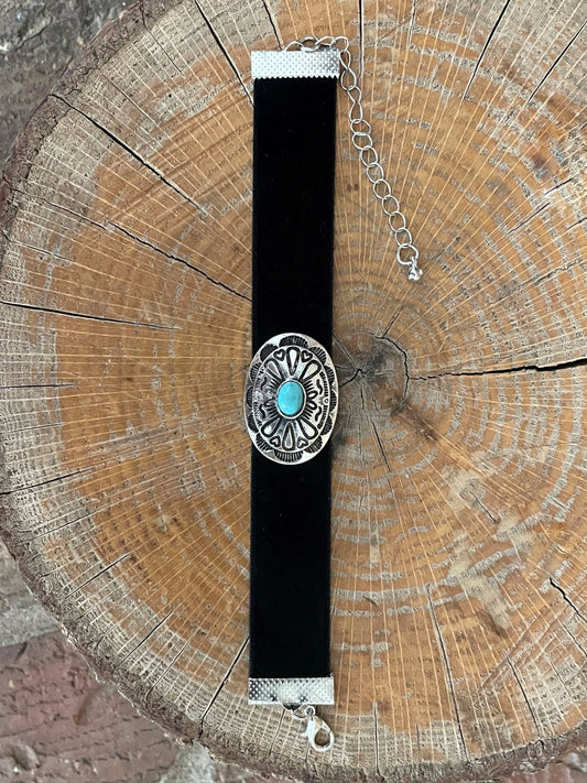 Crushed Velvet Concho Bracelet with Faux Turquoise