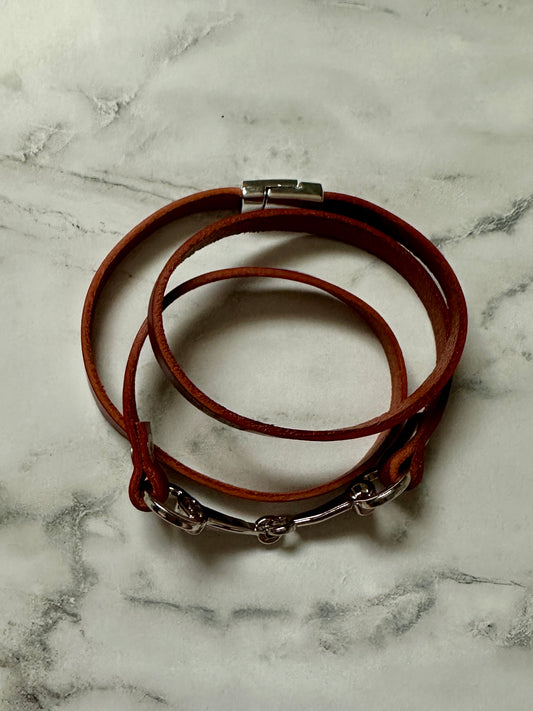 Snaffle Bit Wrap Bracelet with Brown Genuine Leather - Silver