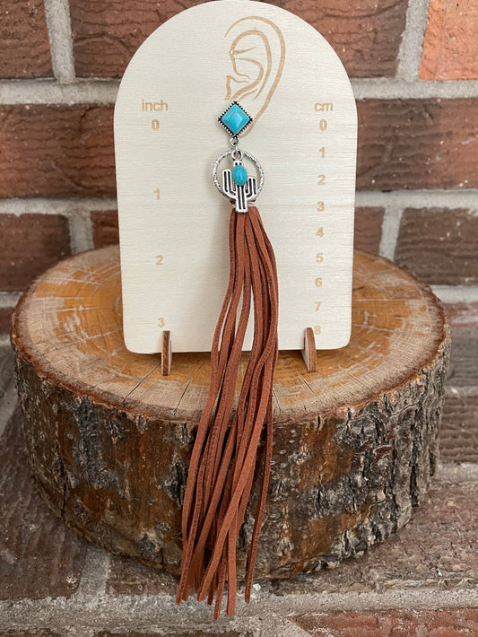 Faux Leather Fringe Earrings with Saguaro Cactus & Turquoise
