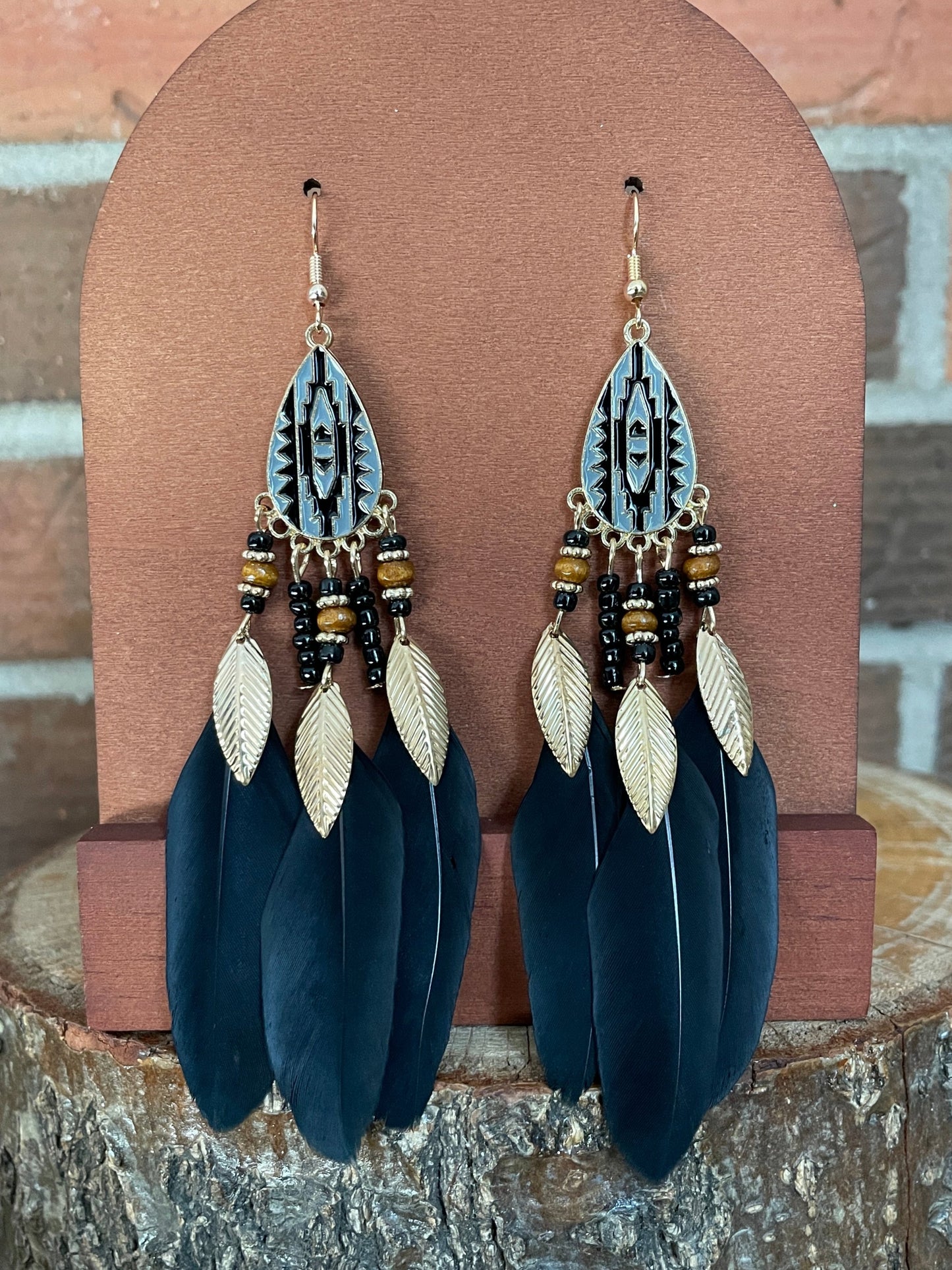 Aztec Beaded Feather Drop Earrings