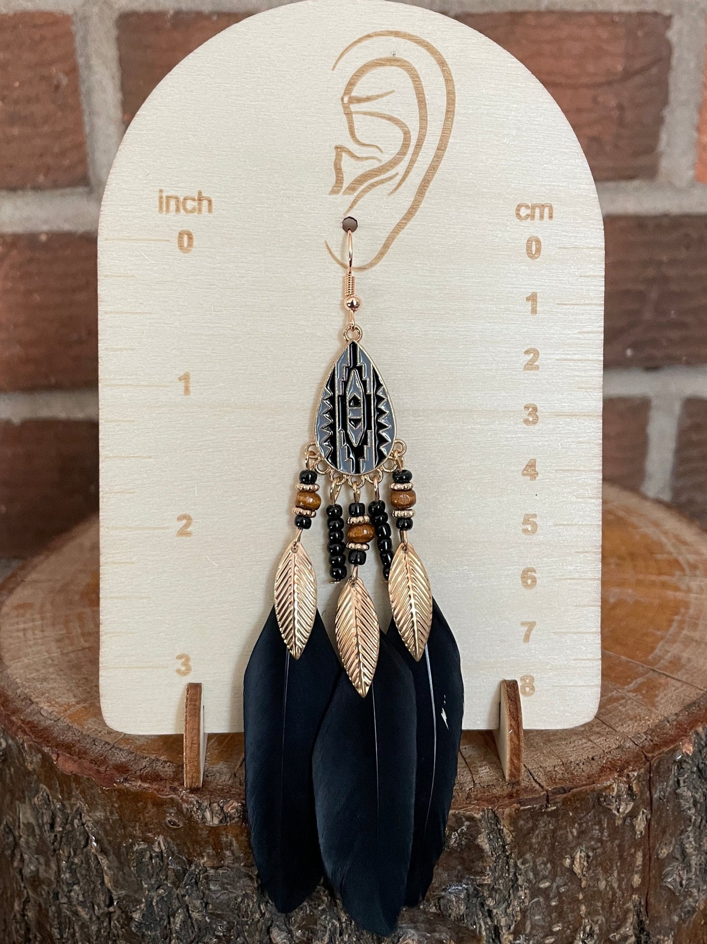 Aztec Beaded Feather Drop Earrings