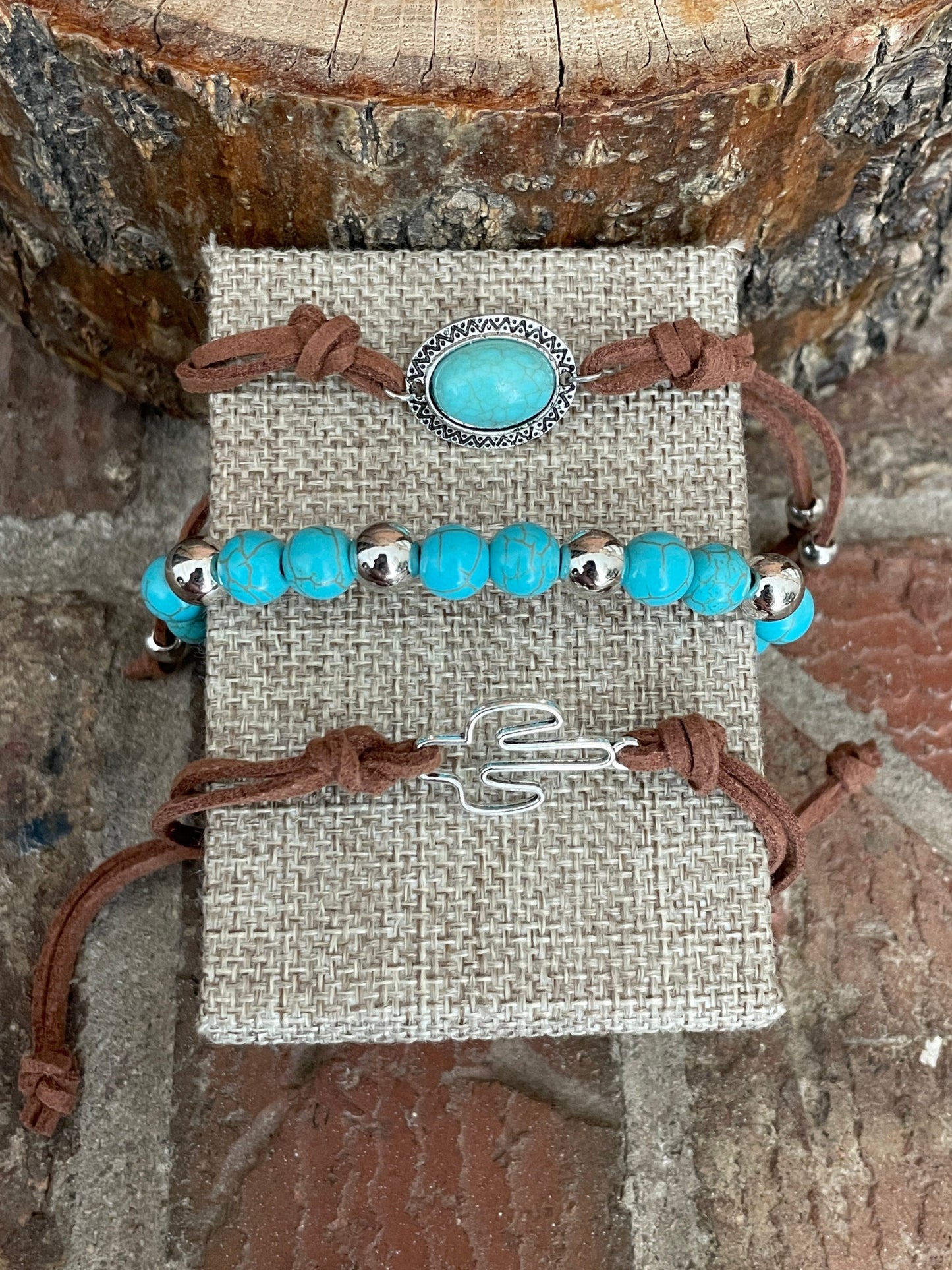 Faux Turquoise and Saguaro Cactus Faux Leather Bracelet Set