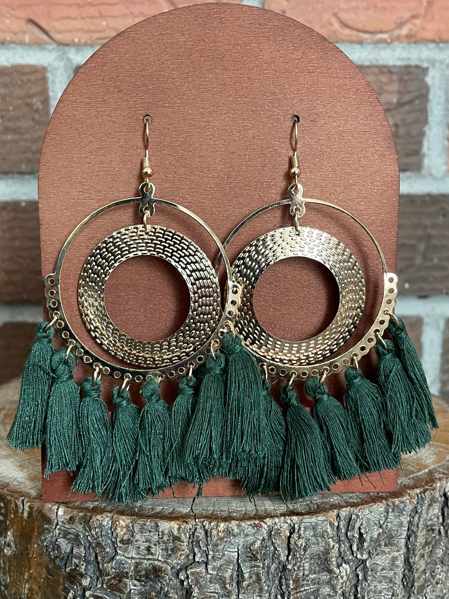 Tassel Hoop Earrings - Forest Green