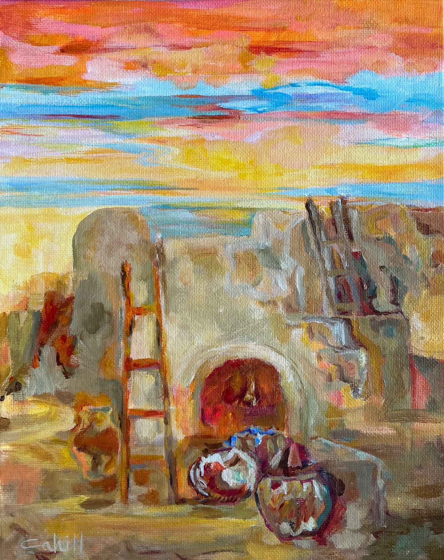 Pueblo Evening Fire Original Acrylic Painting by Lynn Cahill