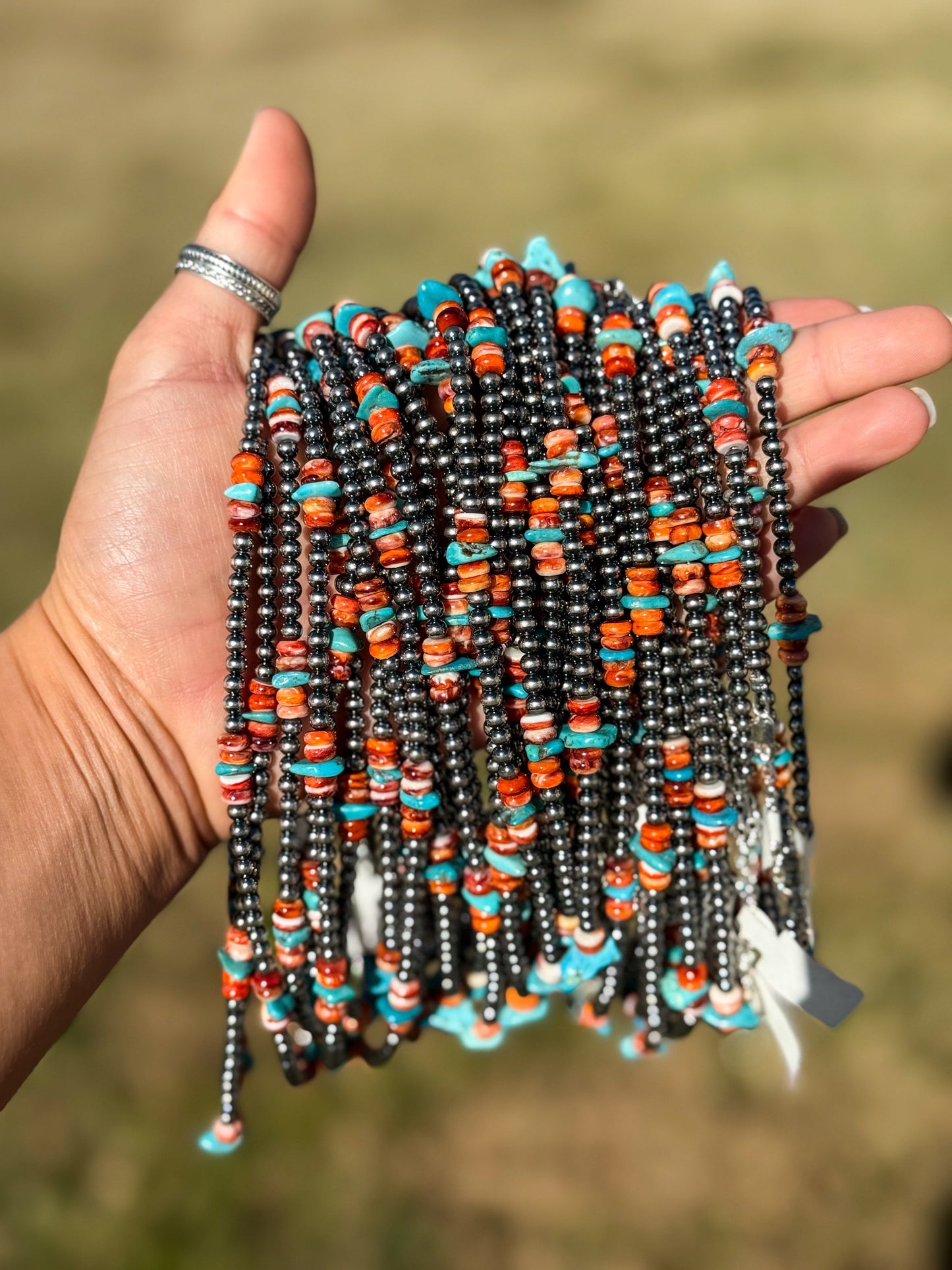 Sterling Silver Pearl Necklace with Orange Spiny Oyster & Sleeping Beauty Turquoise Chips – 14.5”