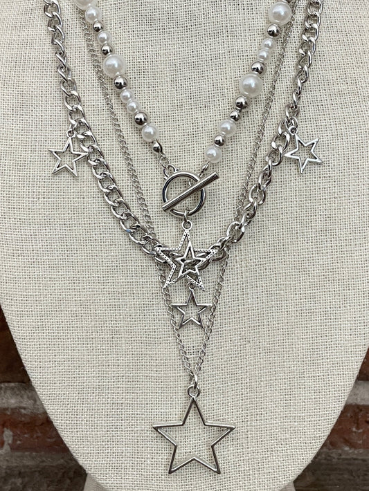 Layered Star Necklace Set with White Faux Pearl & Silver Beads