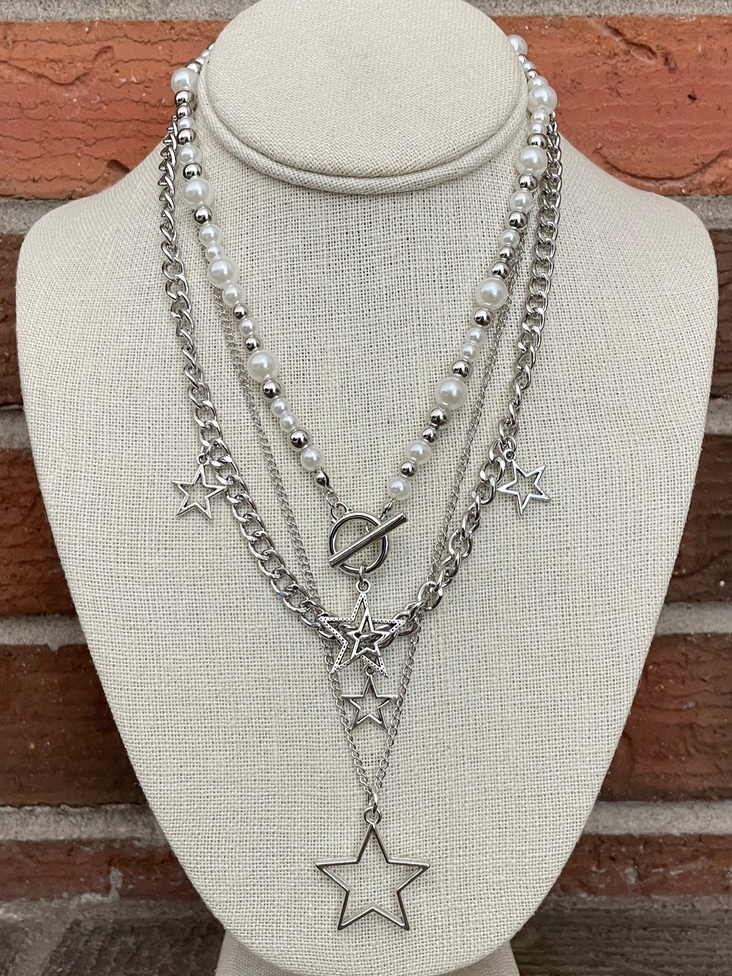 Layered Star Necklace Set with White Faux Pearl & Silver Beads
