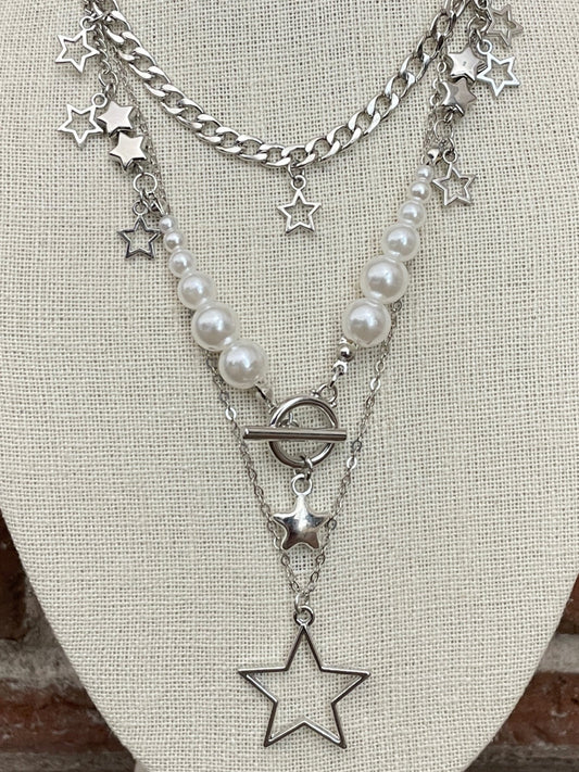 Layered Star Necklace Set with White Faux Pearls
