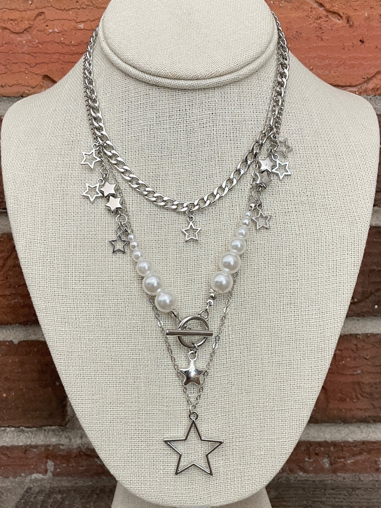 Layered Star Necklace Set with White Faux Pearls