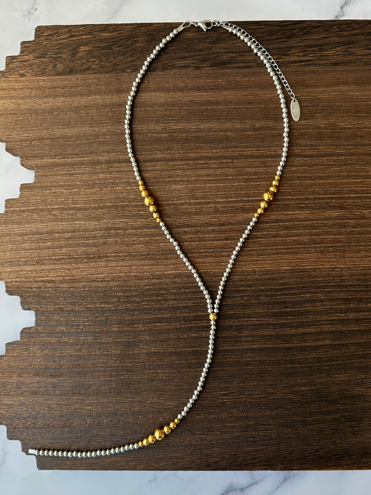Mixed Metal Graduated Stainless Steel Western Pearl Lariat Necklace 18 inch Red Saguaro Jewelry by Cimarron Red Saguaro Trading Post
