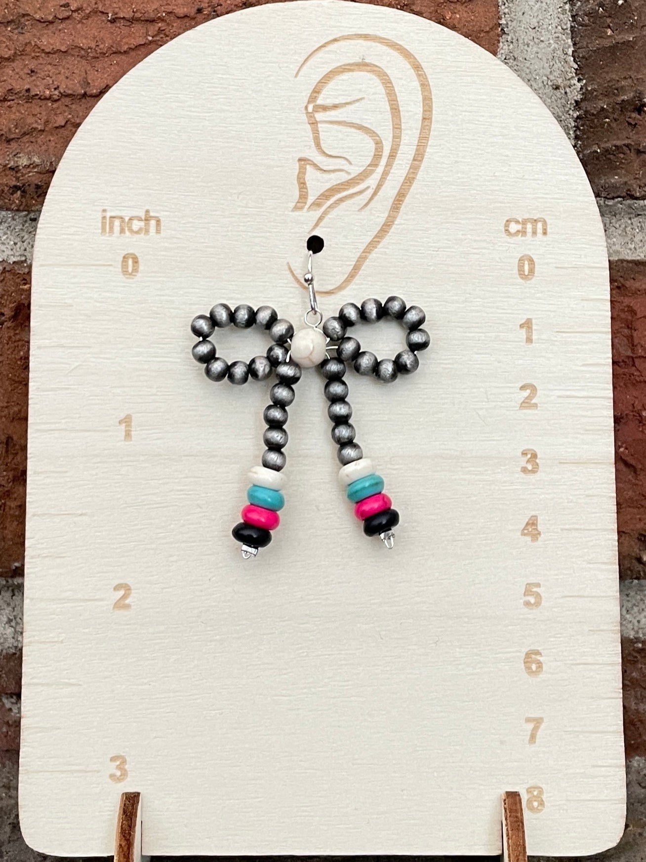 Navajo Style Pearl Bow Earrings with White, Turquoise, Pink & Black Disks