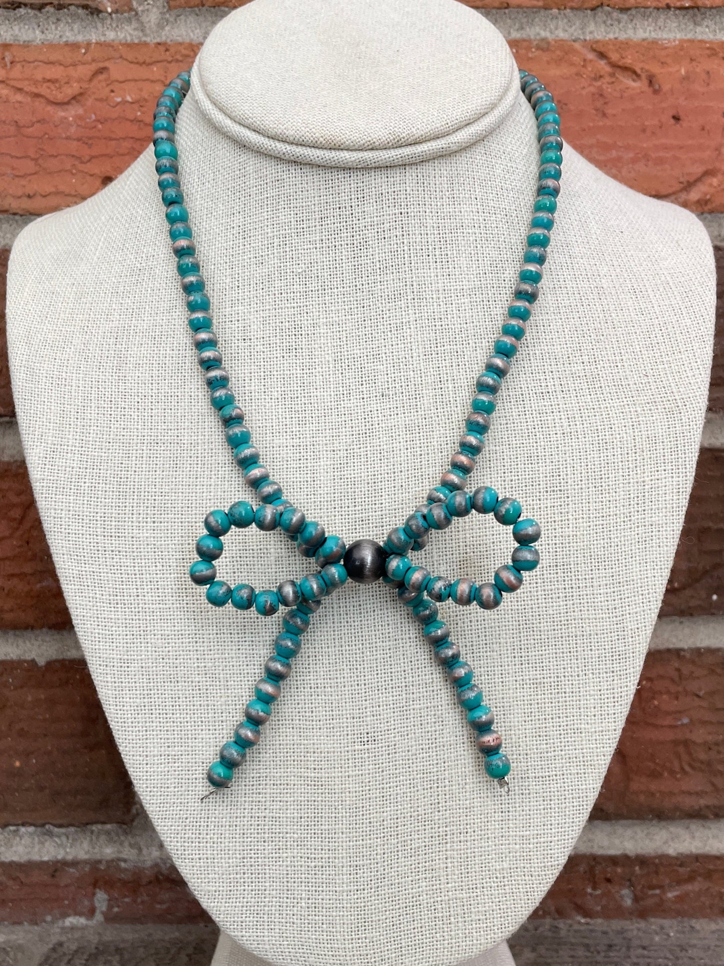 Navajo Style Pearl Bow Necklace with Brushed Turquoise