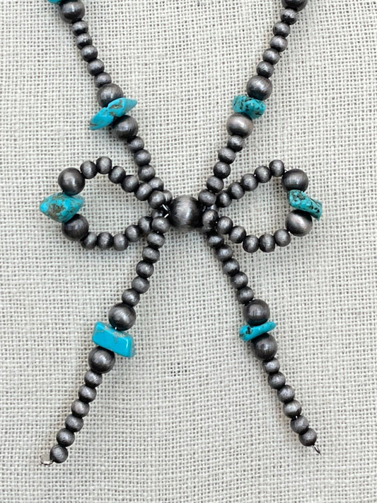 Navajo Style Pearl Bow Necklace with Faux Turquoise Chips